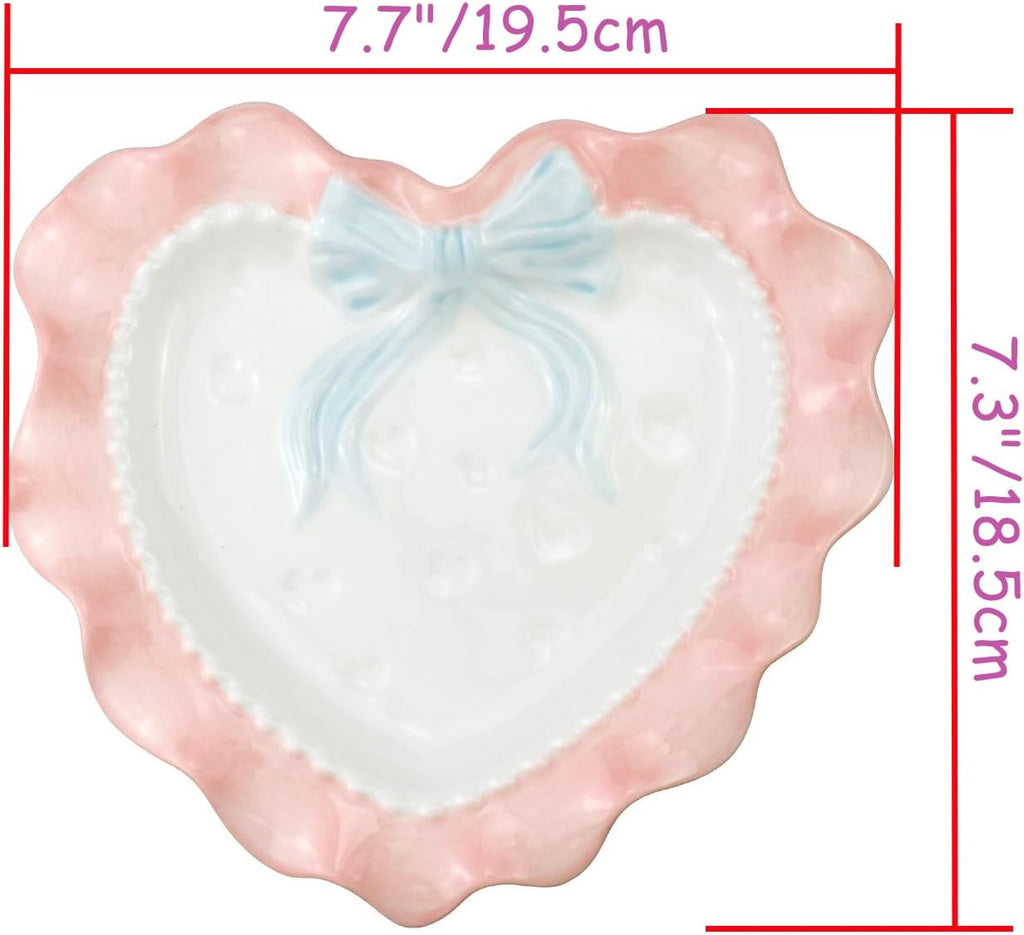 Heart-Shaped Ceramic Plate with Bow – Dessert/Fruit/Snack Plate